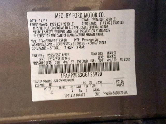 1FAHP2E83GG155920 - 2016 FORD TAURUS SEL BROWN photo 10