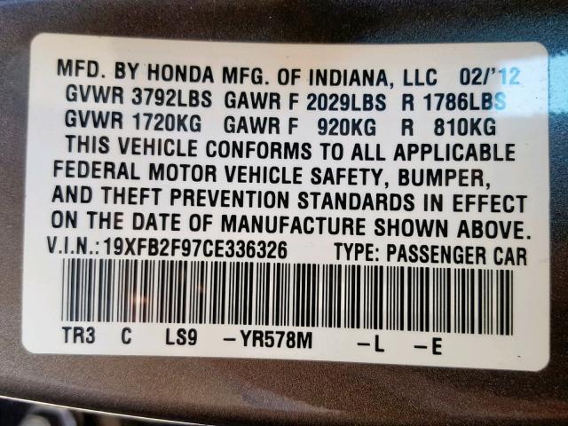 19XFB2F97CE336326 - 2012 HONDA CIVIC EXL GRAY photo 10