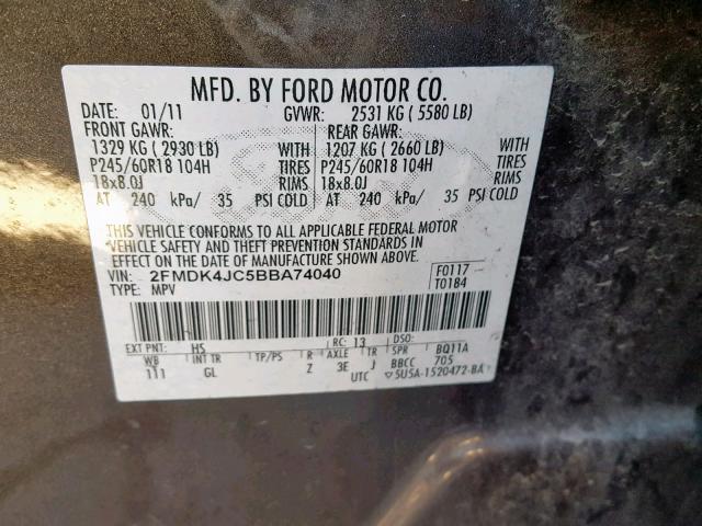 2FMDK4JC5BBA74040 - 2011 FORD EDGE SEL BLACK photo 10