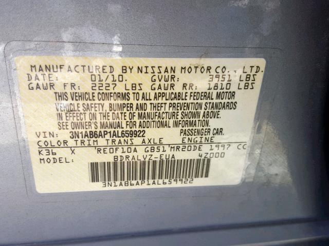 3N1AB6AP1AL659922 - 2010 NISSAN SENTRA 2.0 SILVER photo 10