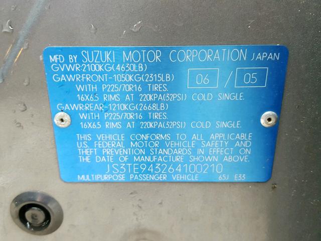 JS3TE943264100210 - 2006 SUZUKI GRAND VITA GRAY photo 10