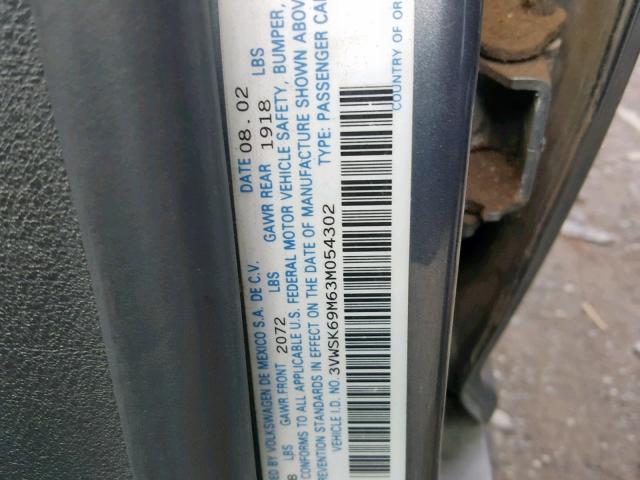 3VWSK69M63M054302 - 2003 VOLKSWAGEN JETTA GLS GRAY photo 10