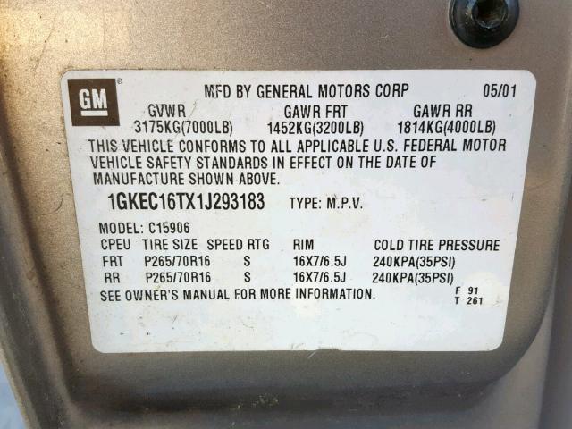 1GKEC16TX1J293183 - 2001 GMC YUKON XL C TAN photo 10