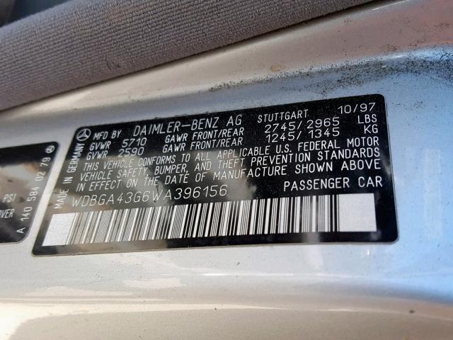 WDBGA43G6WA396156 - 1998 MERCEDES-BENZ S 420 SILVER photo 10