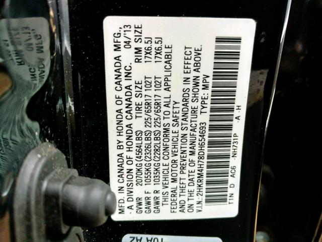 2HKRM4H78DH654693 - 2013 HONDA CR-V EXL BLACK photo 10