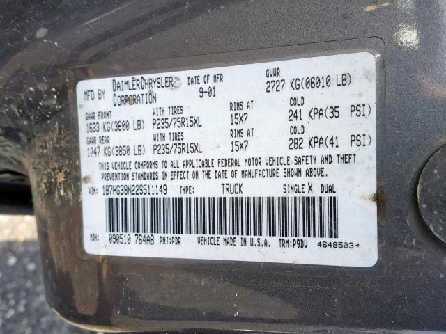 1B7HG38N22S511149 - 2002 DODGE DAKOTA QUA CHARCOAL photo 10