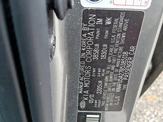 KNAFU5A27B5385118 - 2011 KIA FORTE EX GRAY photo 10