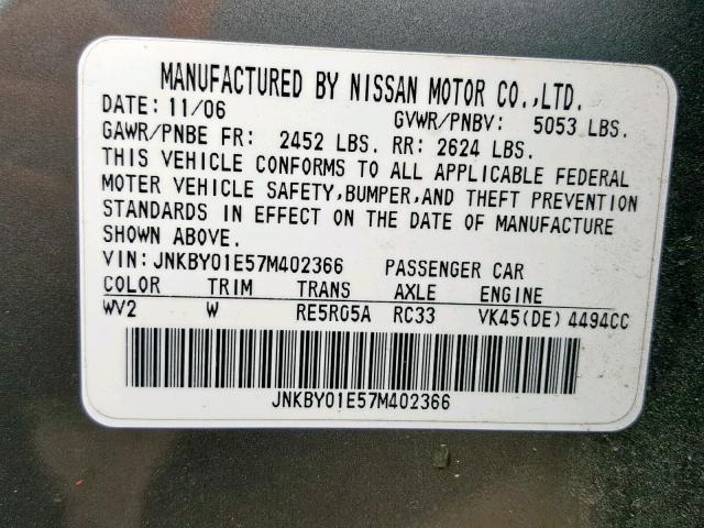 JNKBY01E57M402366 - 2007 INFINITI M45 BASE SILVER photo 10