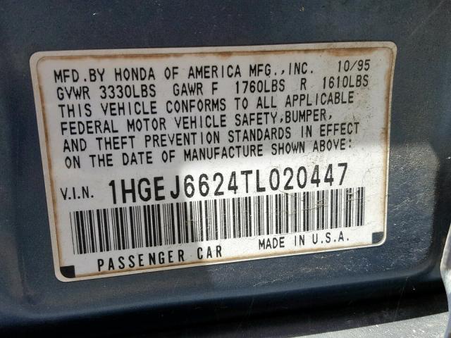 1HGEJ6624TL020447 - 1996 HONDA CIVIC DX BLUE photo 10