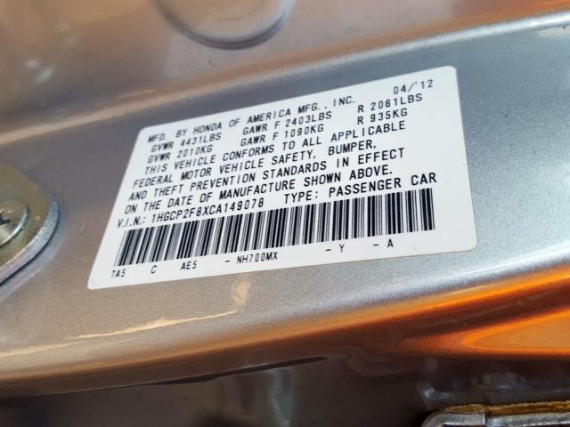 1HGCP2F8XCA149078 - 2012 HONDA ACCORD EXL  photo 10