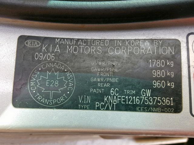 KNAFE121675375361 - 2007 KIA SPECTRA EX SILVER photo 10