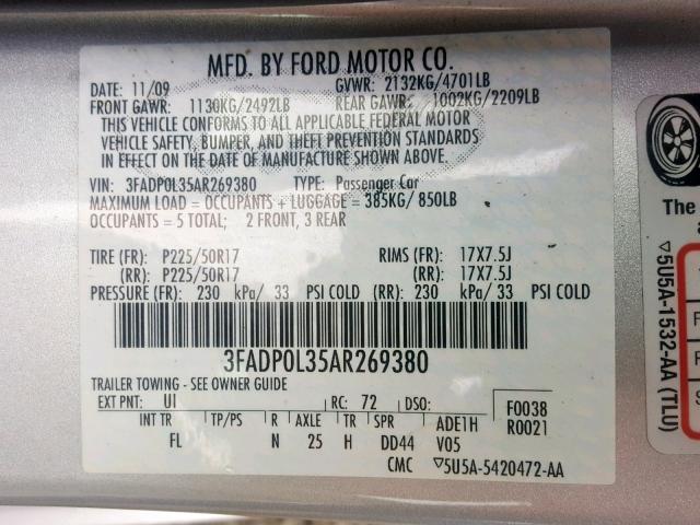 3FADP0L35AR269380 - 2010 FORD FUSION HYB WHITE photo 10