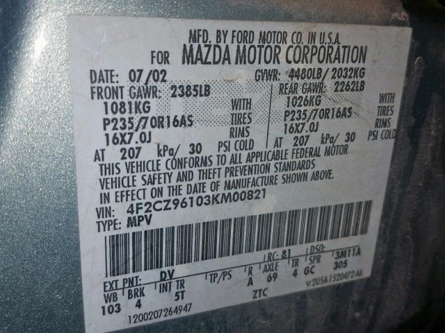 4F2CZ96103KM00821 - 2003 MAZDA TRIBUTE ES 绿色 照片 10