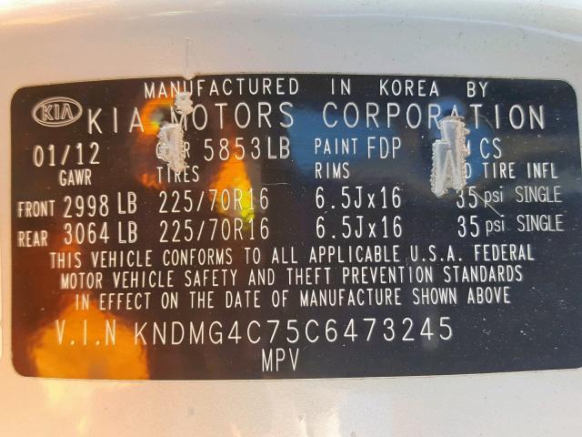 KNDMG4C75C6473245 - 2012 KIA SEDONA LX SILVER photo 10