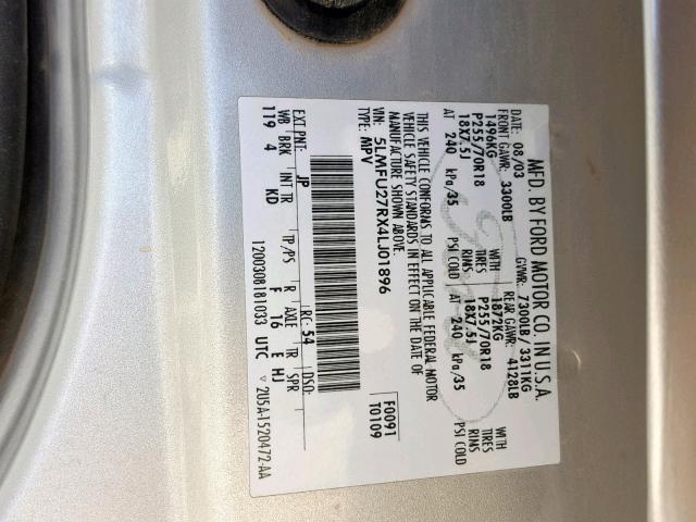 5LMFU27RX4LJ01896 - 2004 LINCOLN NAVIGATOR 银色 照片 10