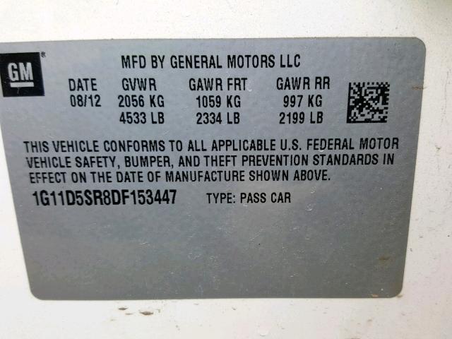 1G11D5SR8DF153447 - 2013 CHEVROLET MALIBU 1LT 白色 照片 10