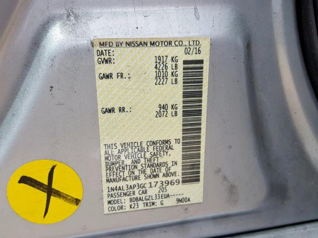 1N4AL3AP3GC173969 - 2016 NISSAN ALTIMA 2.5 SILVER photo 10