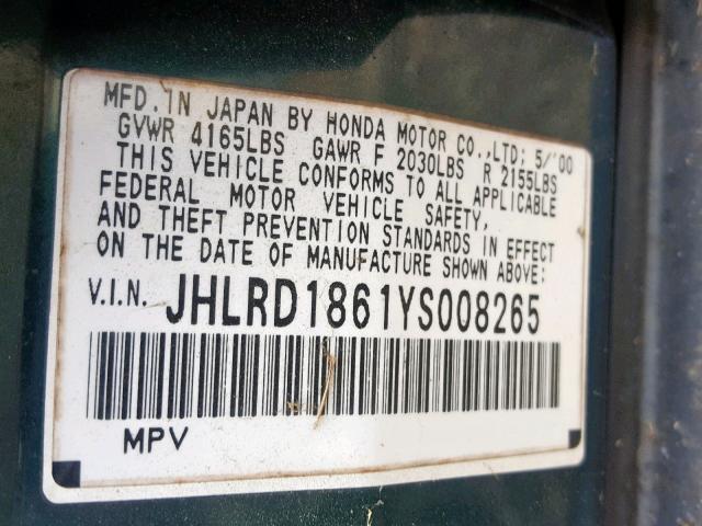 JHLRD1861YS008265 - 2000 HONDA CR-V EX GREEN photo 10