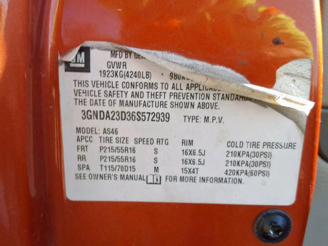 3GNDA23D36S572939 - 2006 CHEVROLET HHR LT ORANGE photo 10