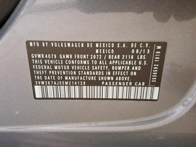 3VW2K7AJ5EM214129 - 2014 VOLKSWAGEN JETTA BASE GRAY photo 10