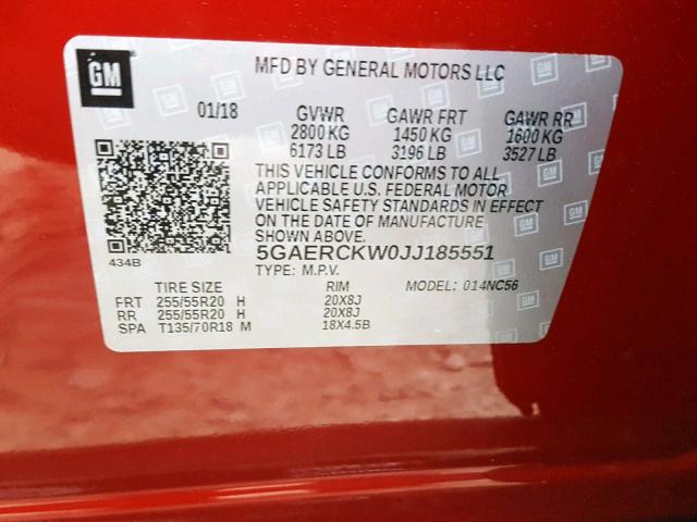 5GAERCKW0JJ185551 - 2018 BUICK ENCLAVE PR RED photo 10