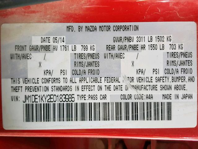 JM1DE1KY2E0183985 - 2014 MAZDA MAZDA2 SPO 红色 照片 10