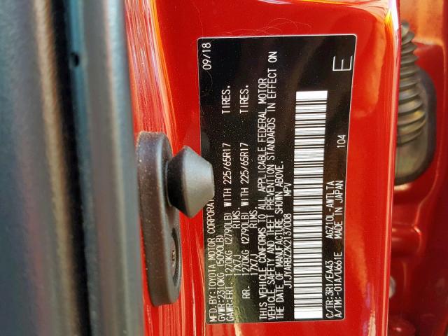 JTJYARBZ2K2137008 - 2019 LEXUS NX 300 RED photo 10