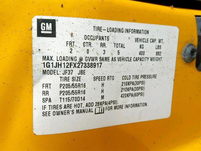 1G1JH12FX27338917 - 2002 CHEVROLET CAVALIER L YELLOW photo 10