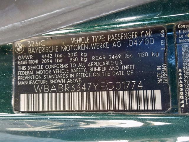 WBABR3347YEG01774 - 2000 BMW 323 CI GREEN photo 10