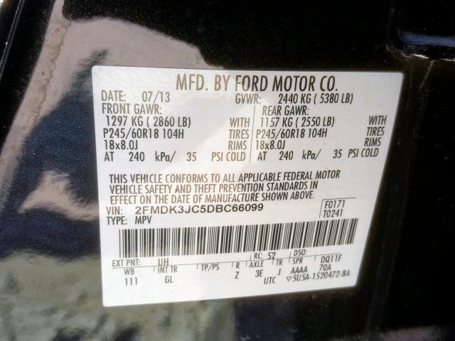 2FMDK3JC5DBC66099 - 2013 FORD EDGE SEL BLACK photo 10