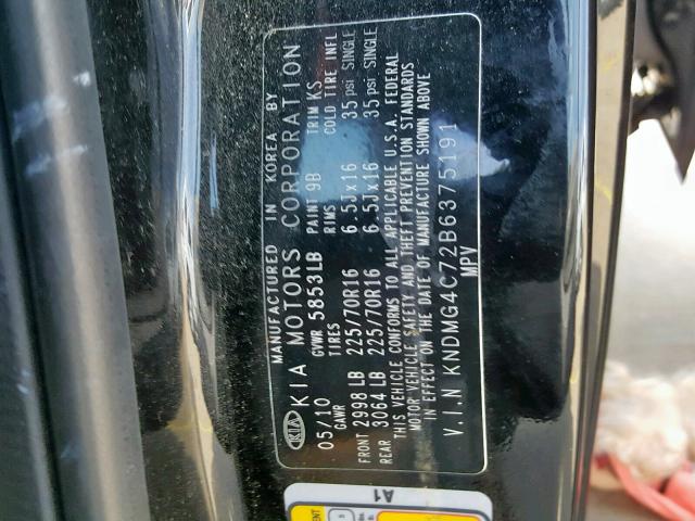 KNDMG4C72B6375191 - 2011 KIA SEDONA LX BLACK photo 10