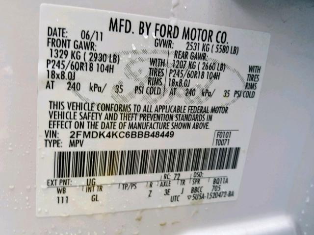 2FMDK4KC6BBB48449 - 2011 FORD EDGE LIMIT WHITE photo 10