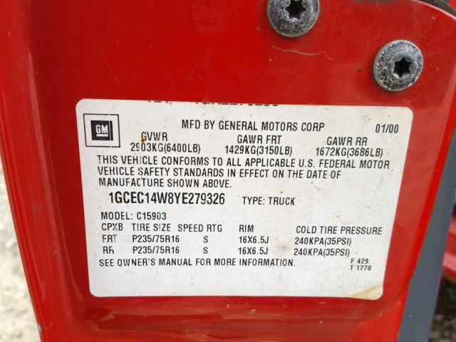 1GCEC14W8YE279326 - 2000 CHEVROLET SILVERADO RED photo 10