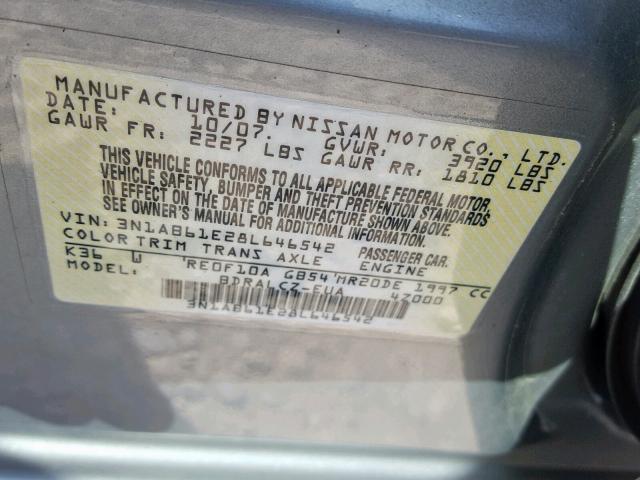 3N1AB61E28L646542 - 2008 NISSAN SENTRA 2.0 GRAY photo 10