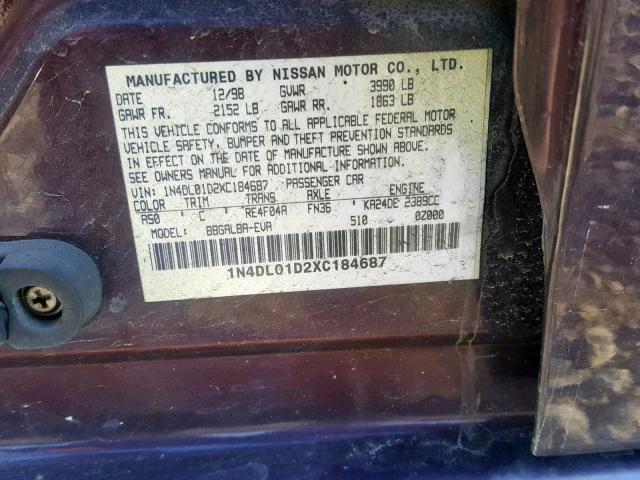 1N4DL01D2XC184687 - 1999 NISSAN ALTIMA XE PURPLE photo 10