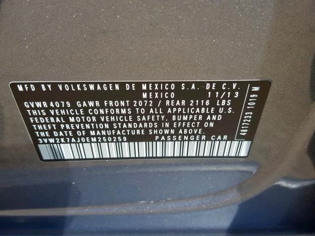 3VW2K7AJ0EM250259 - 2014 VOLKSWAGEN JETTA BASE 灰色 照片 10