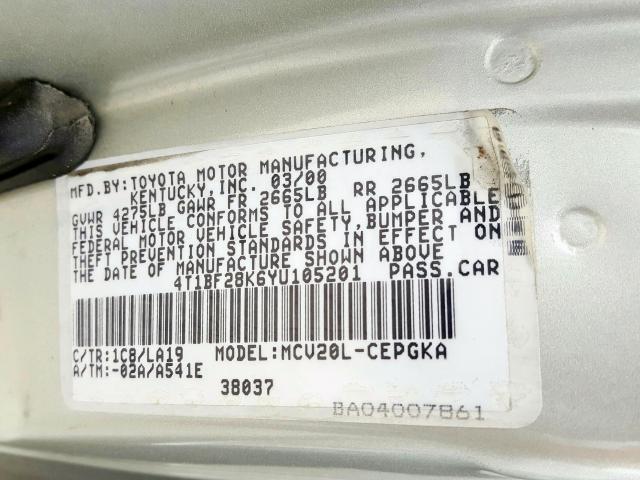 4T1BF28K6YU105201 - 2000 TOYOTA CAMRY LE  photo 10