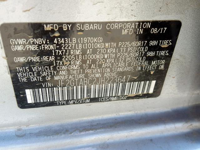 JF2GTABC2JH223647 - 2018 SUBARU CROSSTREK SILVER photo 10