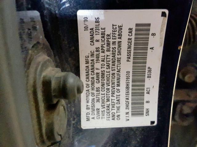 2HGFA1E65BH519510 - 2011 HONDA CIVIC LX-S BLUE photo 10