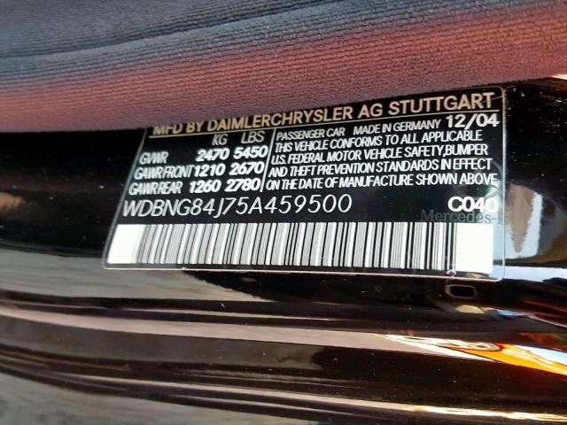 WDBNG84J75A459500 - 2005 MERCEDES-BENZ S 500 4MAT BLACK photo 10