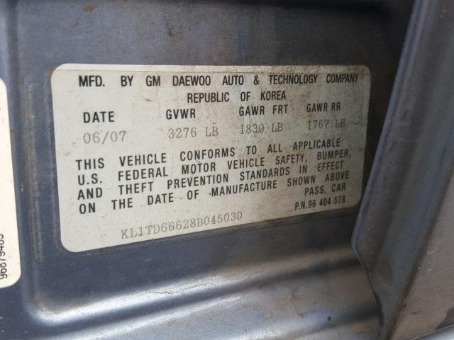 KL1TD66628B045030 - 2008 CHEVROLET AVEO BASE Mavi foto 10