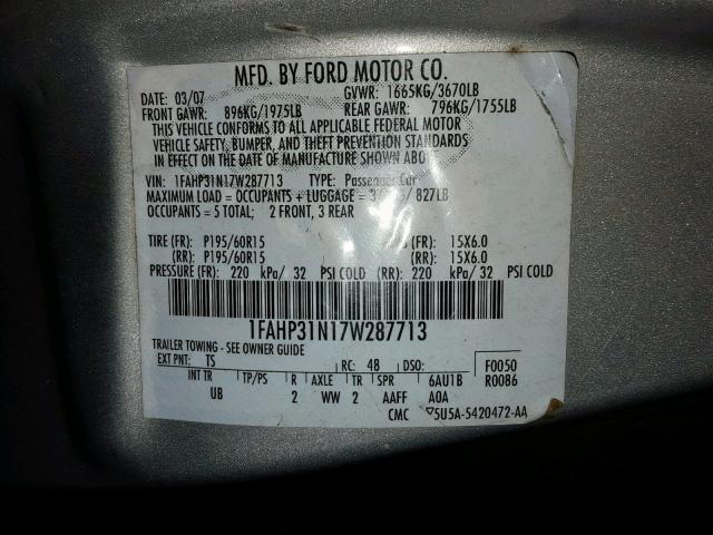 1FAHP31N17W287713 - 2007 FORD FOCUS ZX3 SILVER photo 10