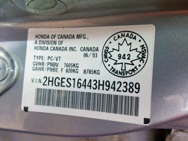 2HGES16443H942389 - 2003 HONDA CIVIC DX SILVER photo 10