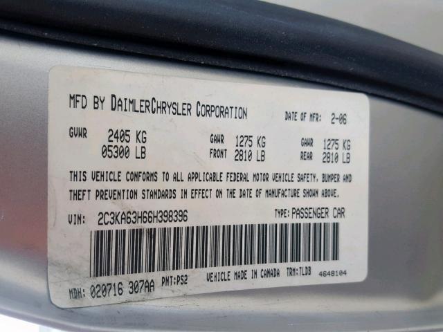 2C3KA63H66H398396 - 2006 CHRYSLER 300C SILVER photo 10