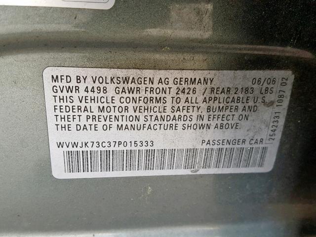 WVWJK73C37P015333 - 2007 VOLKSWAGEN PASSAT SILVER photo 10