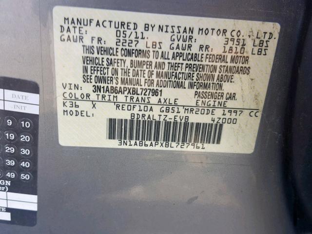 3N1AB6APXBL727961 - 2011 NISSAN SENTRA 2.0 SILVER photo 10