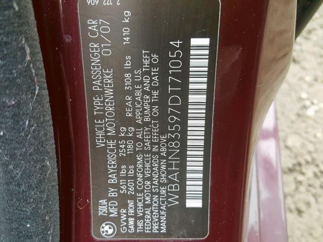 WBAHN83597DT71054 - 2007 BMW 750 BURGUNDY photo 10