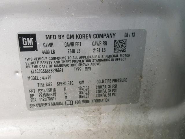 KL4CJGSB8EB526691 - 2014 BUICK ENCORE SILVER photo 10