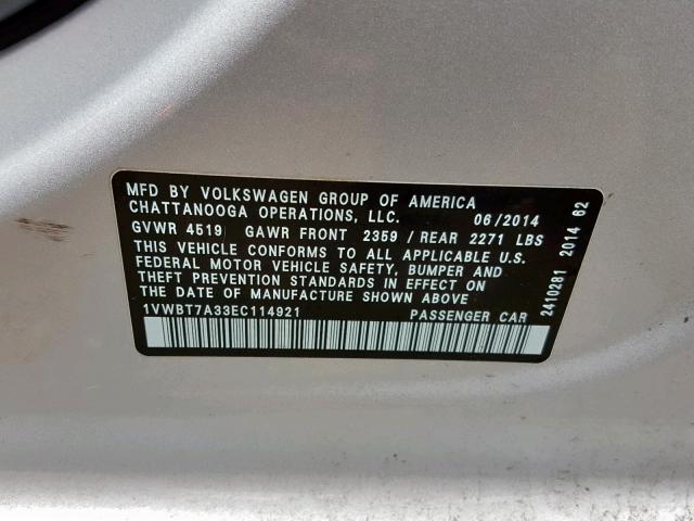 1VWBT7A33EC114921 - 2014 VOLKSWAGEN PASSAT SE SILVER photo 10