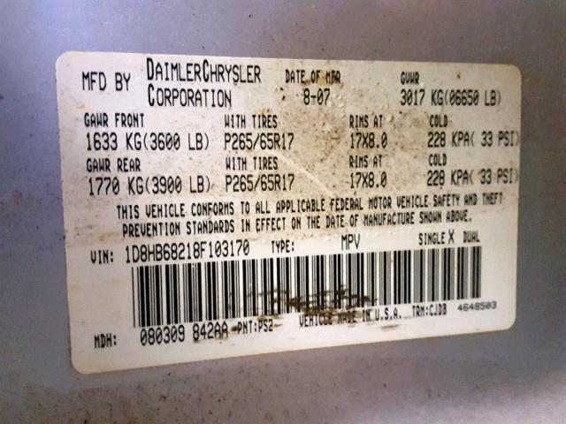 1D8HB68218F103170 - 2008 DODGE DURANGO AD SILVER photo 10